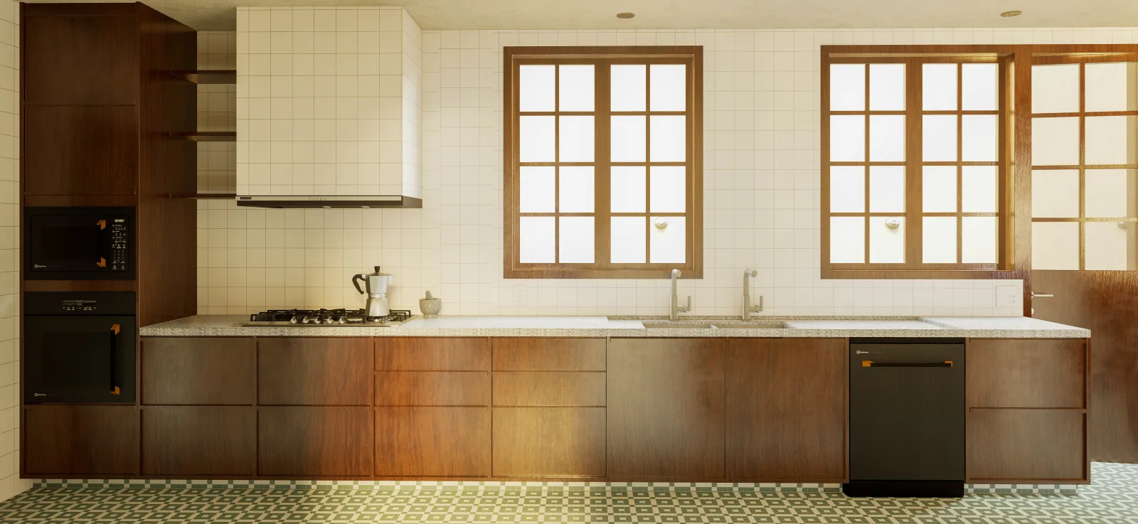 Residência Pampulha, Cozinha com armários em madeira e azulejos
