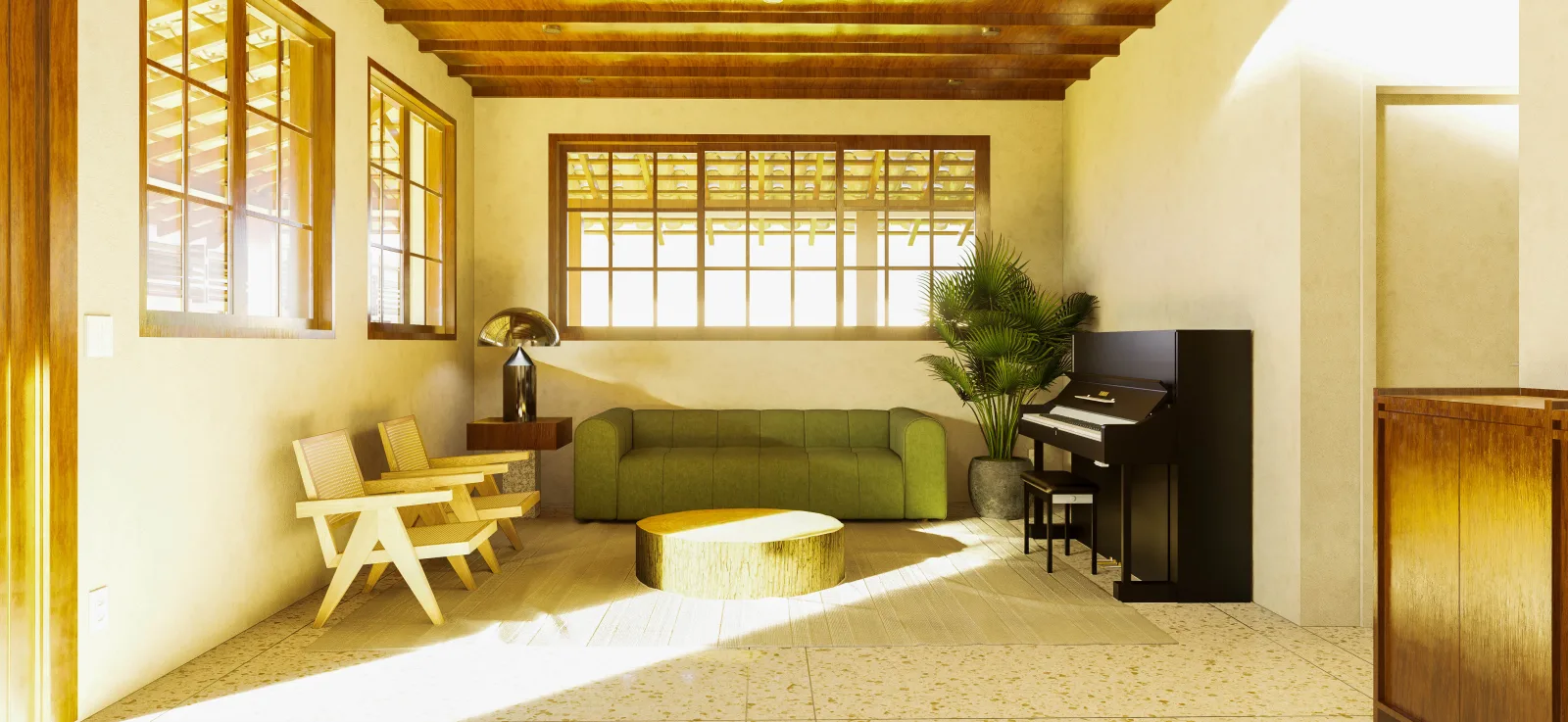 Residência Pampulha, Sala de estar com piano e sofá verde